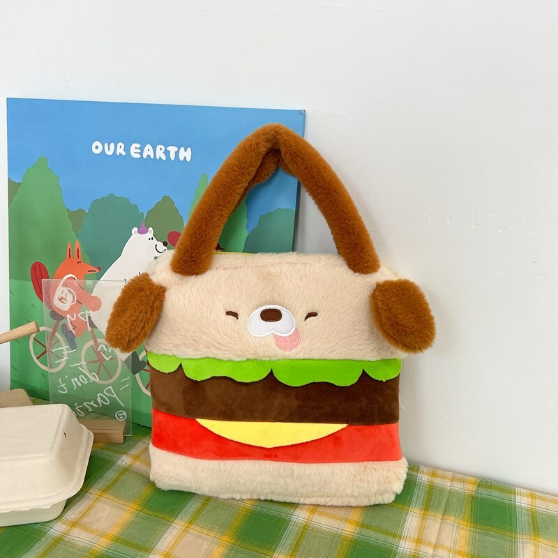 《51467》漢堡狗狗毛絨手提側背包