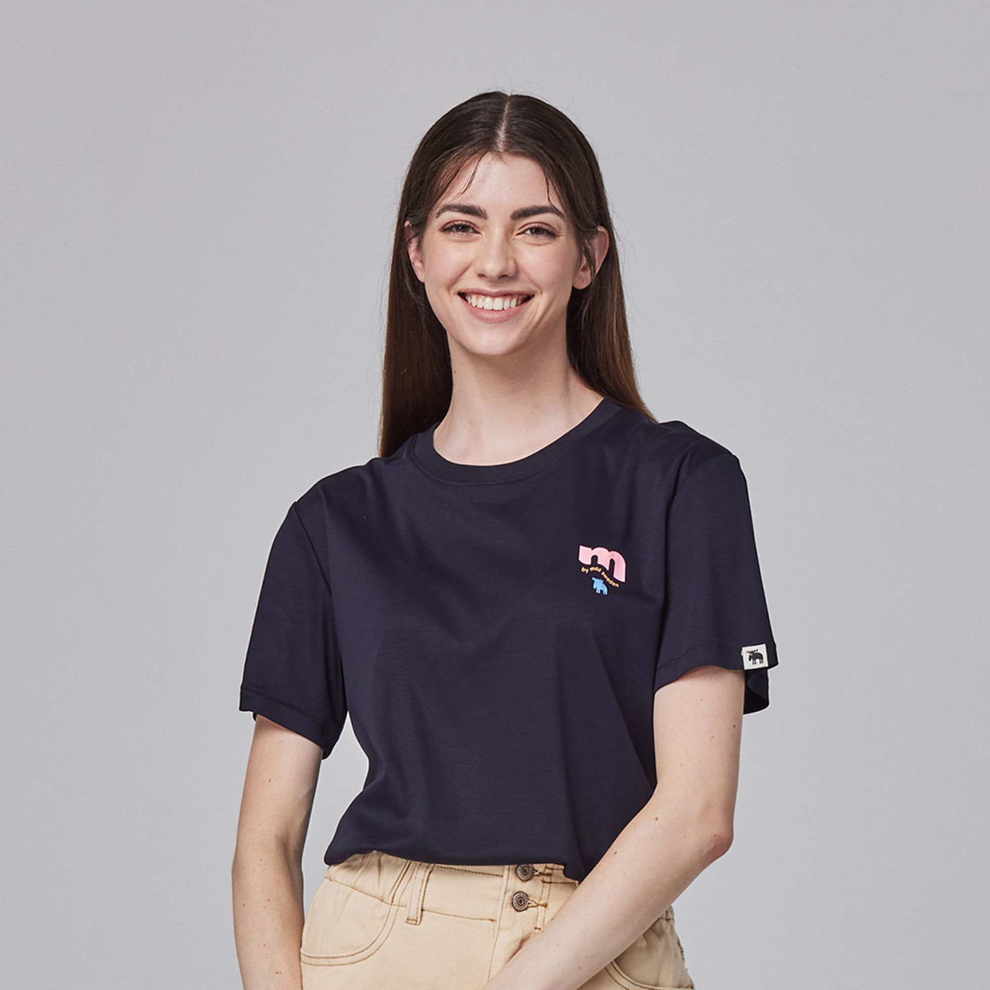 ❄️冰河棉 moz瑞典  M字駝鹿 舒適 冰河棉 100%純棉 涼感彈力T恤-藏青(亞洲版)女款❄️