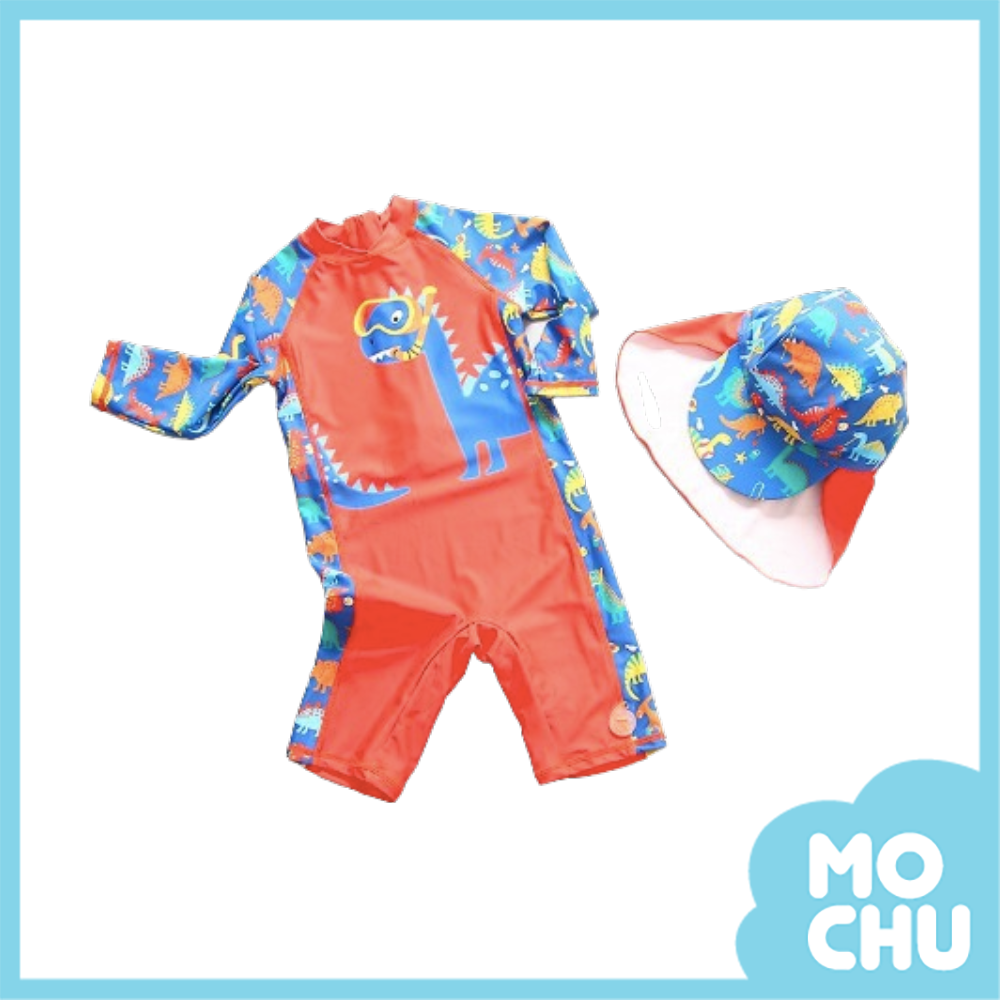 恐龍一起游泳長袖連身泳衣(含防曬帽)