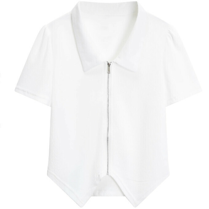 熱賣Polo領拉鍊不規則短款T恤(白色)(S-XL碼)(下單後聯絡客服確認發貨尺碼)