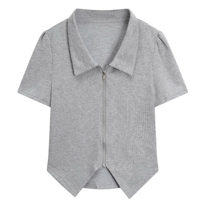 熱賣Polo領拉鍊不規則短款T恤(灰色)(S-XL碼)(下單後聯絡客服確認發貨尺碼)