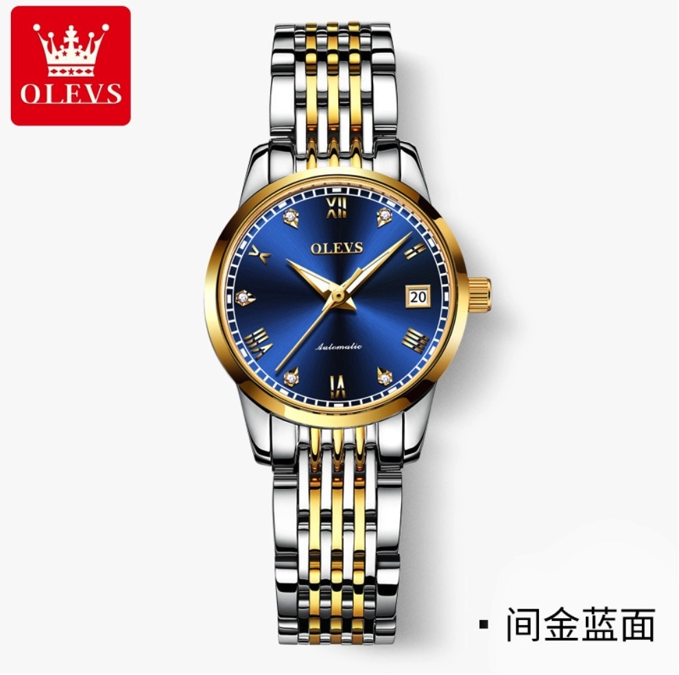 Hot Selling Fully Automatic Mechanical Watch Simple Waterproof (Blue Woman Between Steel Bands)