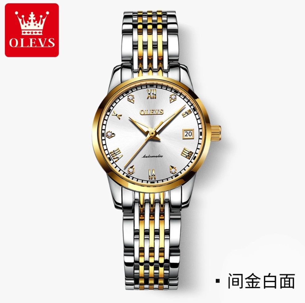 Hot Selling Fully Automatic Mechanical Watch Simple Waterproof (White Girl Between Steel Bands)