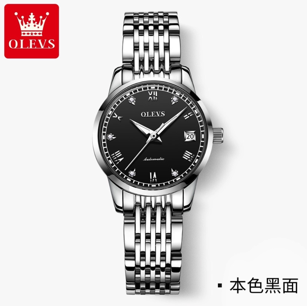Hot Selling Fully Automatic Mechanical Watch Simple Waterproof (Steel Strap Black Female)