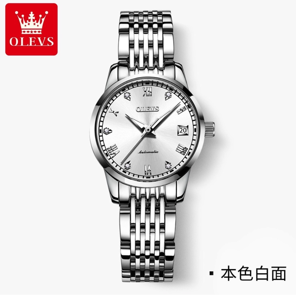 Hot Selling Fully Automatic Mechanical Watch Simple Waterproof (Steel Belt Original White Female)