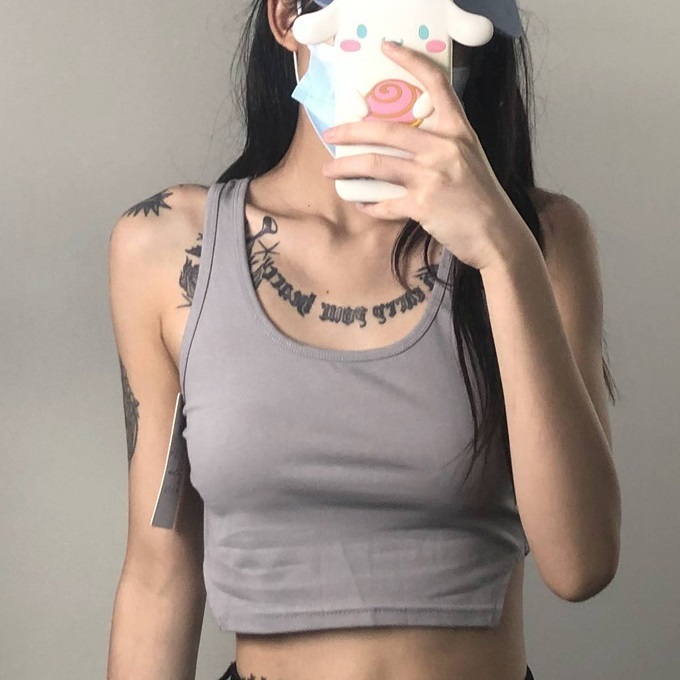 Hot selling pure cotton short navel top (charcoal gray) (S/M size) (contact customer service after placing the order to confirm the delivery size)