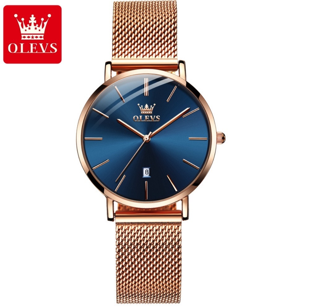 Hot Selling Oris Thin Electronic Watch Quartz Watch Women's Watch (Three-hand Rose Gold Steel Rose Shell Blue Face Women's Watch)