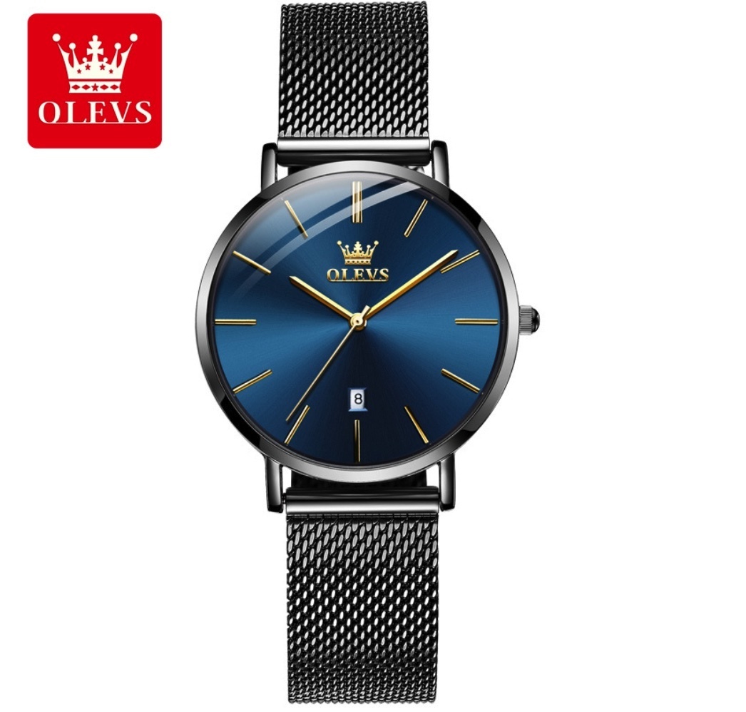 Hot Selling Oris Thin Electronic Watch Quartz Watch Women's Watch (Three-hand Black Steel Black Shell Blue Face Women's Watch)