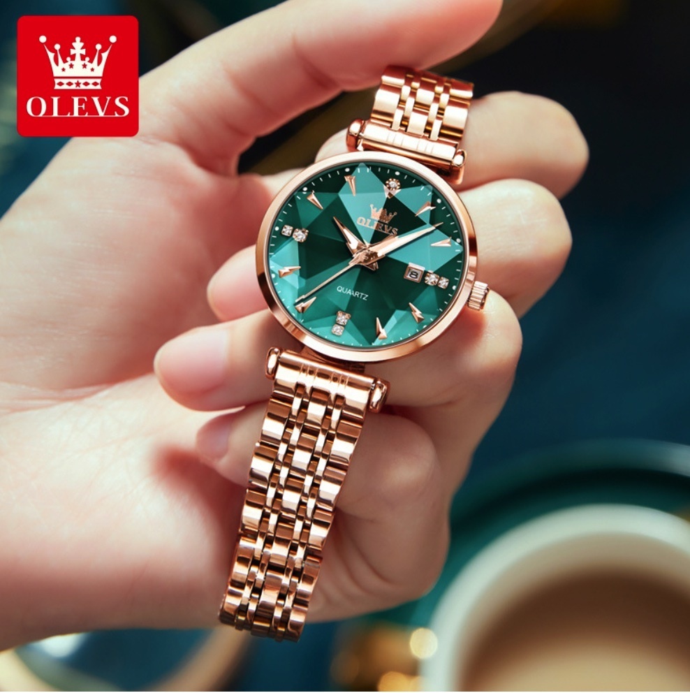Hot selling Oris crystal quartz watch for women (steel band with full rose green face for women)