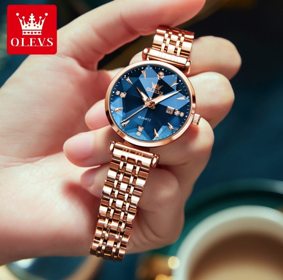 Hot selling Oris crystal quartz watch for women (steel band with full rose blue face for women)
