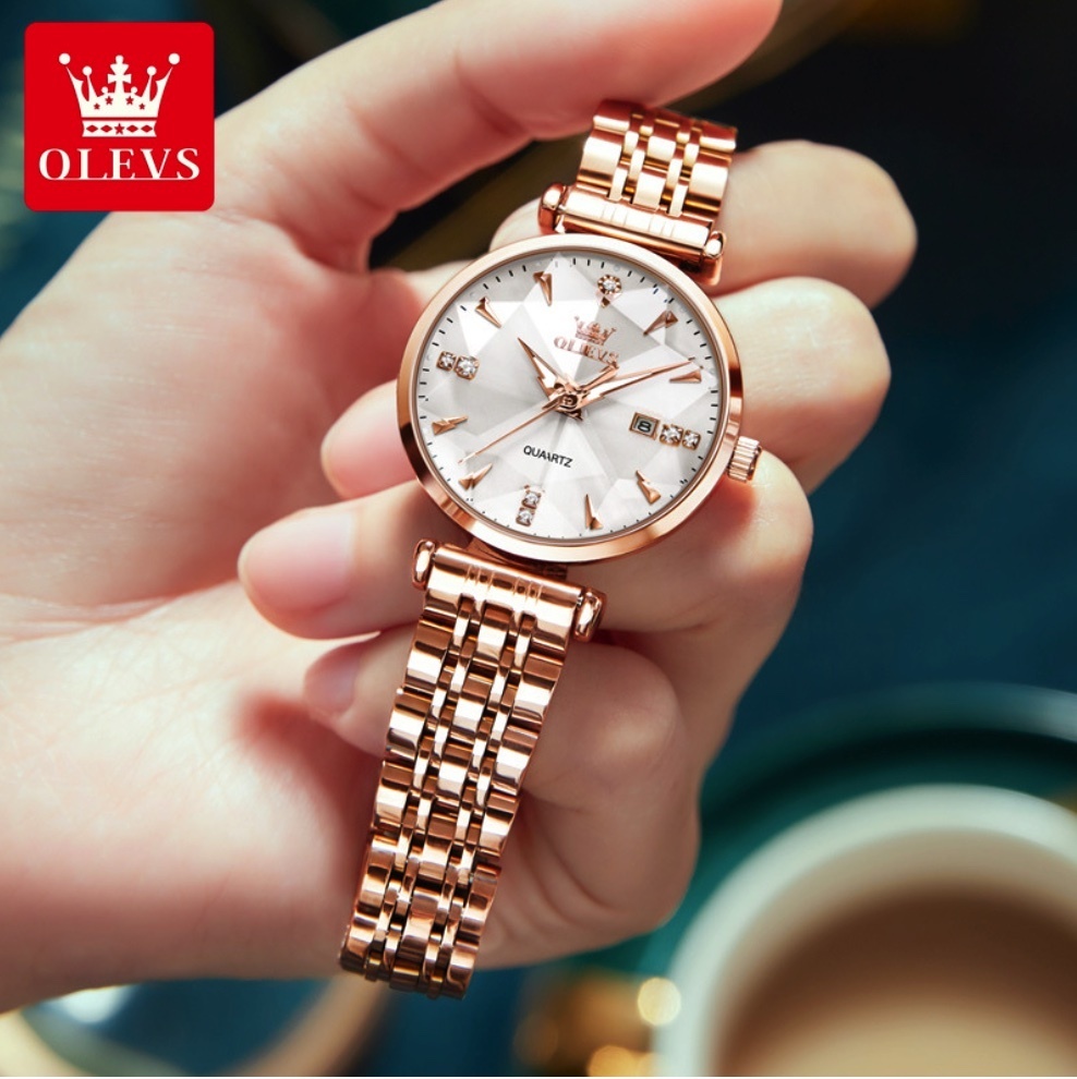 Hot selling Oris crystal quartz watch for women (steel band with full rose white face for women)