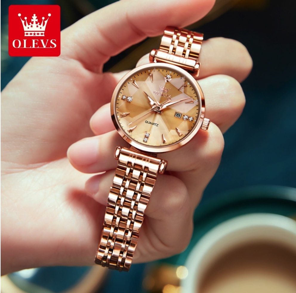 Hot selling Oris crystal quartz watch for women (steel band with full rose gold face for women)