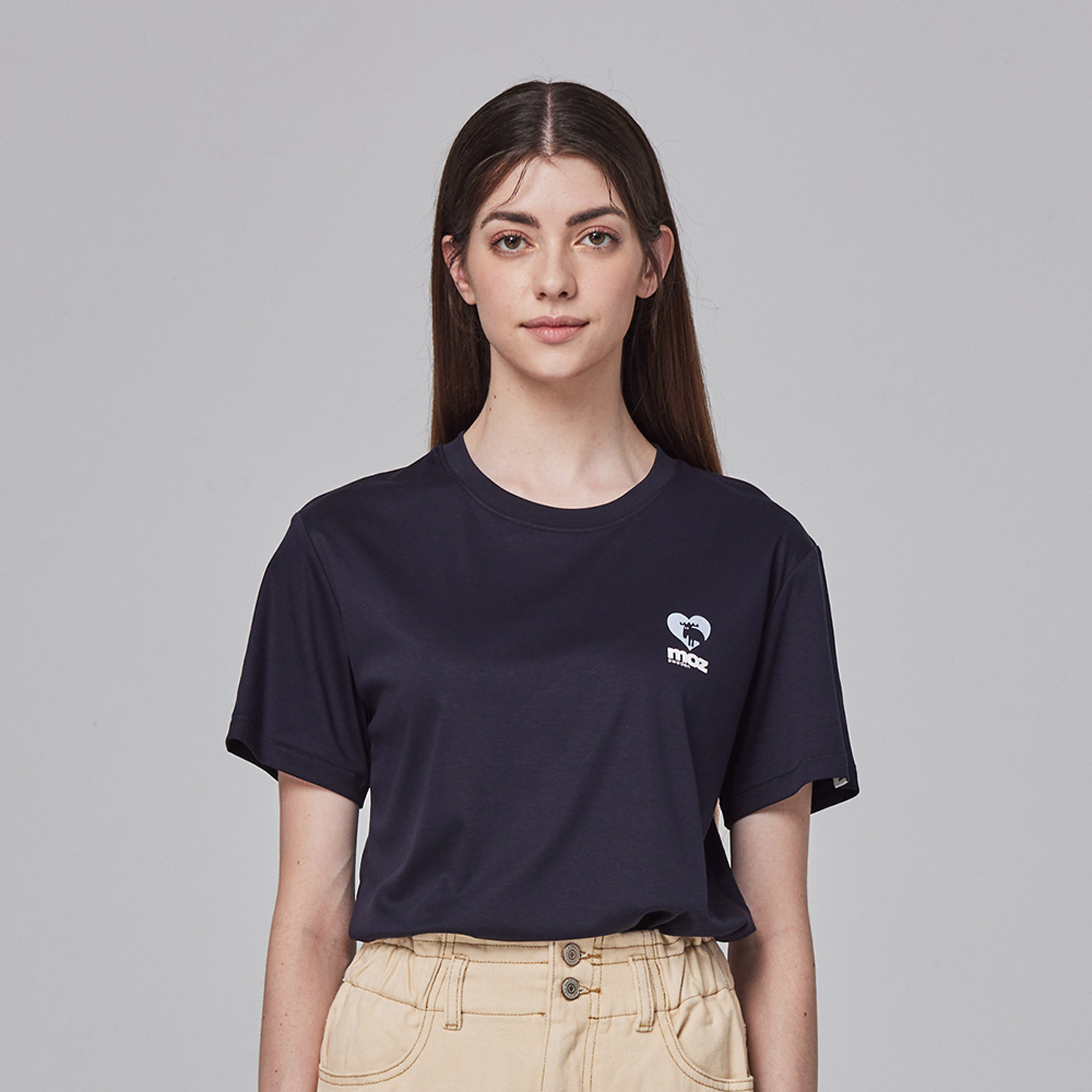 ❄️冰河棉 moz瑞典 心型駝鹿 舒適 冰河棉 100%純棉 涼感彈力T恤-藏青(亞洲版)女款