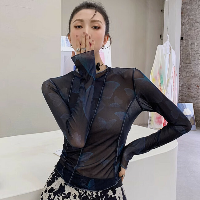 Hot selling stretch mesh long-sleeved bottoming shirt (orange black) (S-L size) (contact customer service after placing the order to confirm the delivery size)