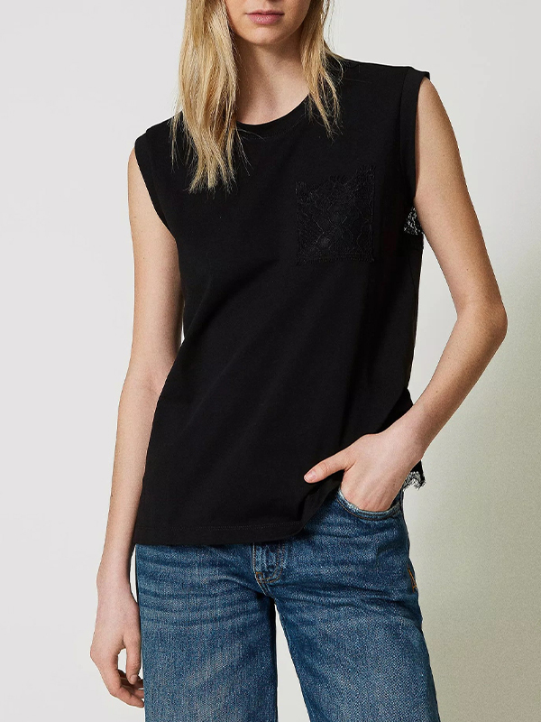 TWIN-SET 蕾絲口袋T恤(黑)