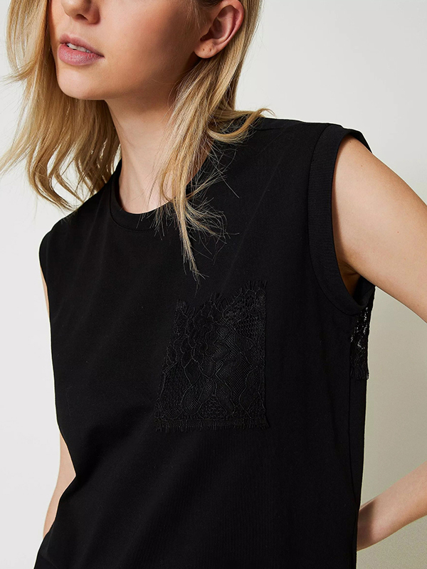 TWIN-SET 蕾絲口袋T恤(黑)