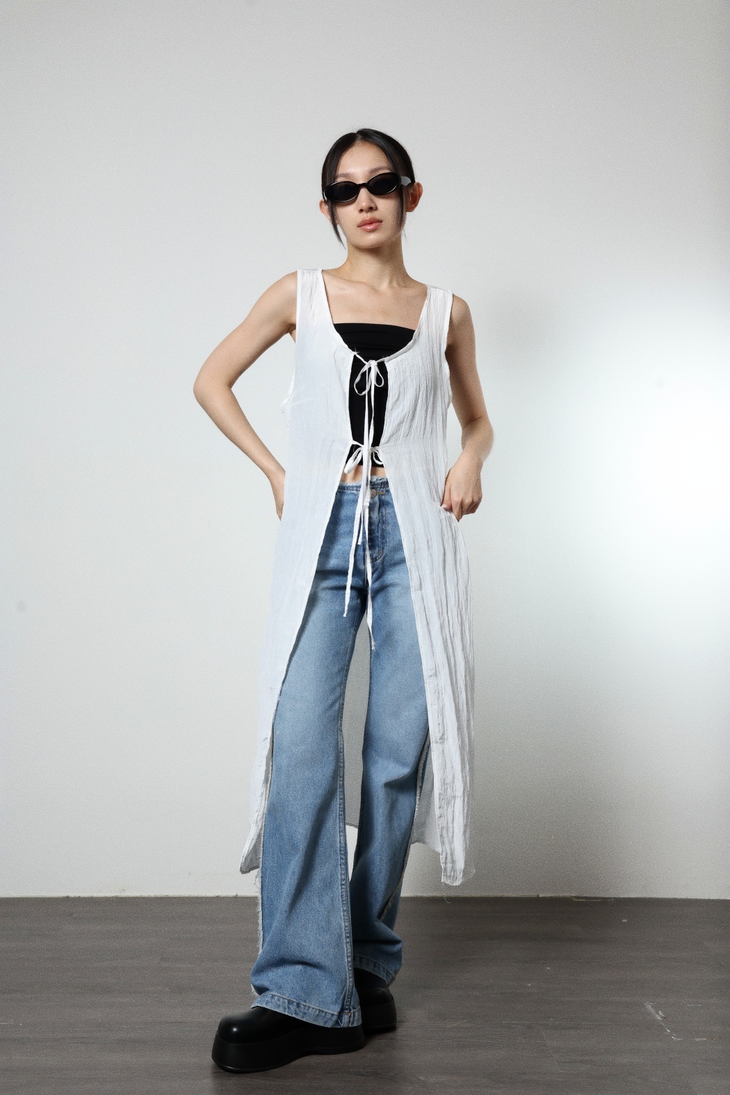 【瑕疵】髮絲紋綁結開襟長背心