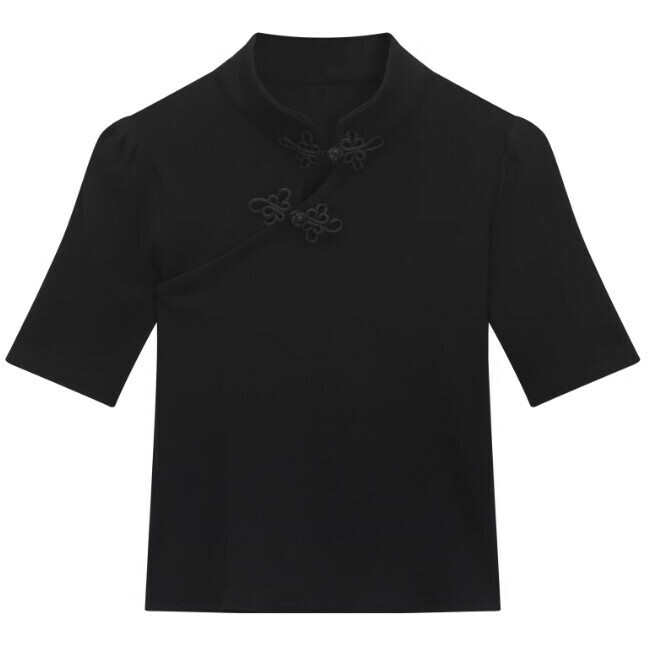 Hot Selling Stand Collar Diagonal Plaid Button Irregular T-Shirt (Black) (One Size)