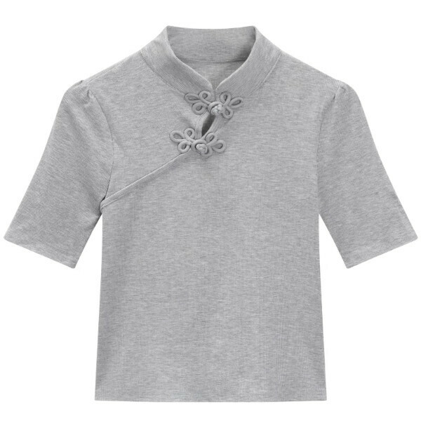 Hot Selling Stand Collar Diagonal Plaid Button Irregular T-Shirt (Gray) (One Size)