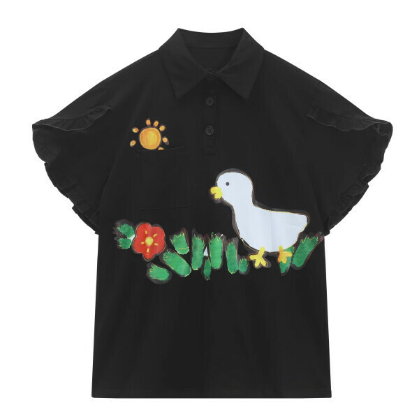 Hot selling Polo collar cartoon printed T-shirt (black) (S-L size) (contact customer service after placing the order to confirm the delivery size)