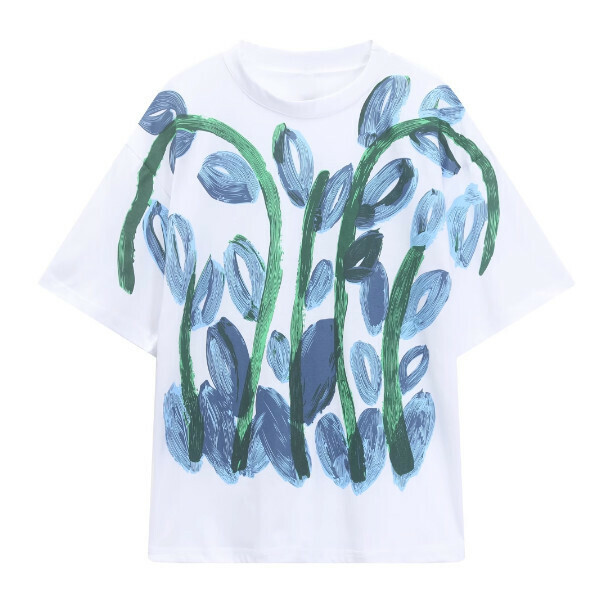Hot selling oil painting blue flower short-sleeved T-shirt (white) (XS-M size) (contact customer service after placing the order to confirm the delivery size)