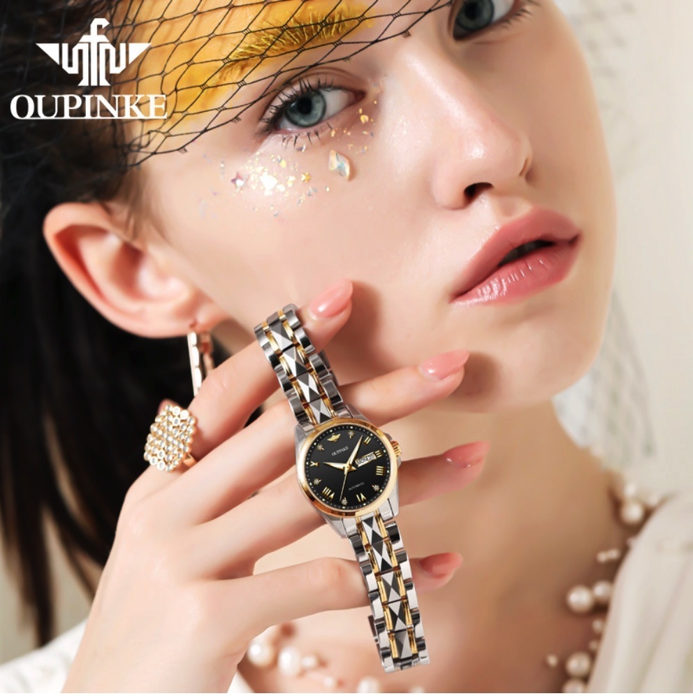 Hot Selling Fully Automatic Mechanical Women's Watch (Black Women Between Steel Bands)