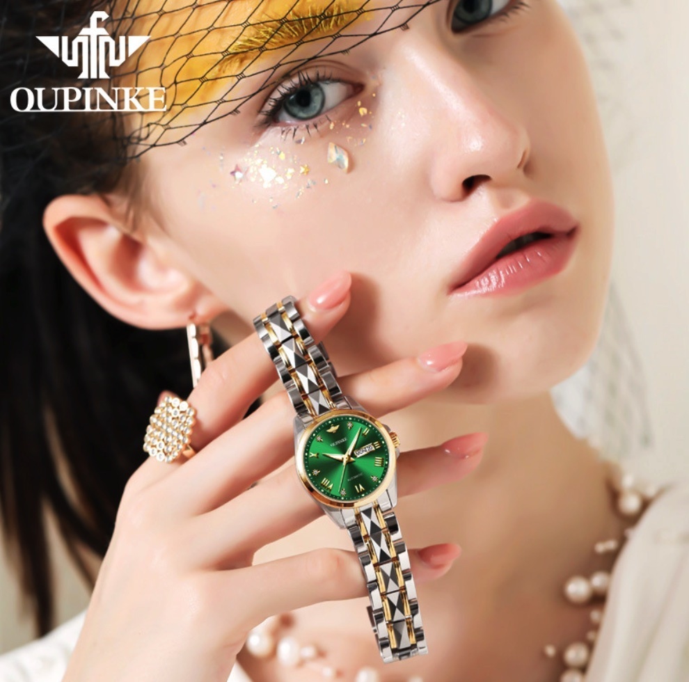 Hot Selling Fully Automatic Mechanical Women's Watch (Green Woman Between Steel Bands)