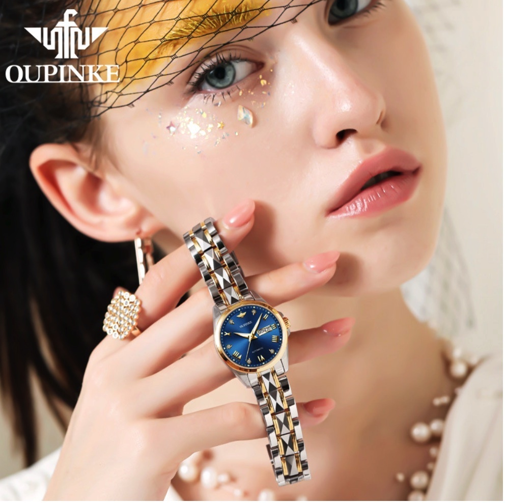 Hot Selling Fully Automatic Mechanical Ladies Watch (Blue Lady Between Steel Bands)