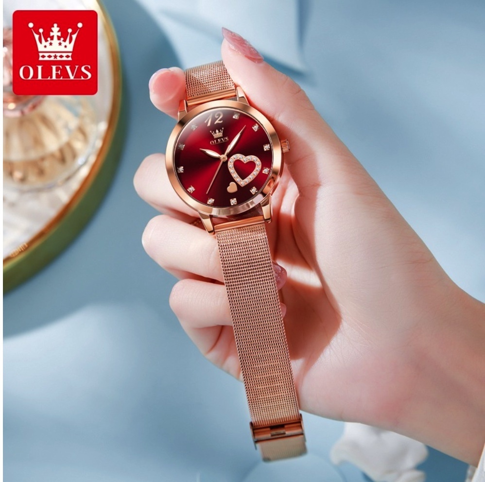 Hot Selling Oris Waterproof Quartz Women's Watch (Mesh Strap Rose Shell Red Face Women)
