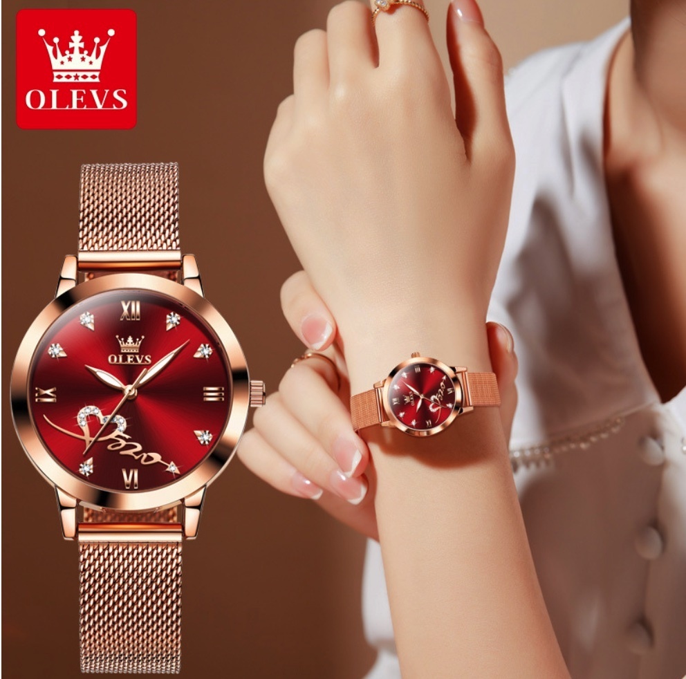Hot selling Oris quartz women's watch (mesh belt, rose shell, red face for women)