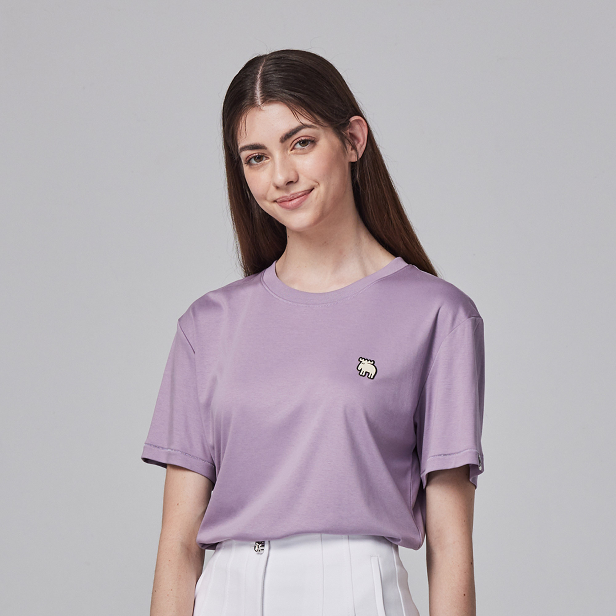 ❄️冰河棉 moz瑞典 刺繡駝鹿 舒適 冰河棉 100%純棉 涼感 彈力T恤 -芋紫(亞洲版)女款