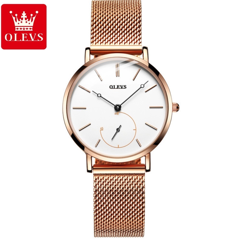 Hot Selling Oris Thin Independent Second Hand Waterproof Women's Watch (Mesh Strap Rose Shell White Face)