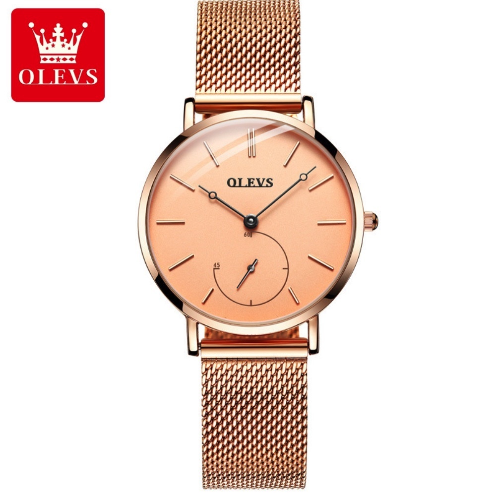 Hot Selling Oris Thin Independent Second Hand Waterproof Women's Watch (Mesh Belt, Rose Shell, Rose Gold Face)