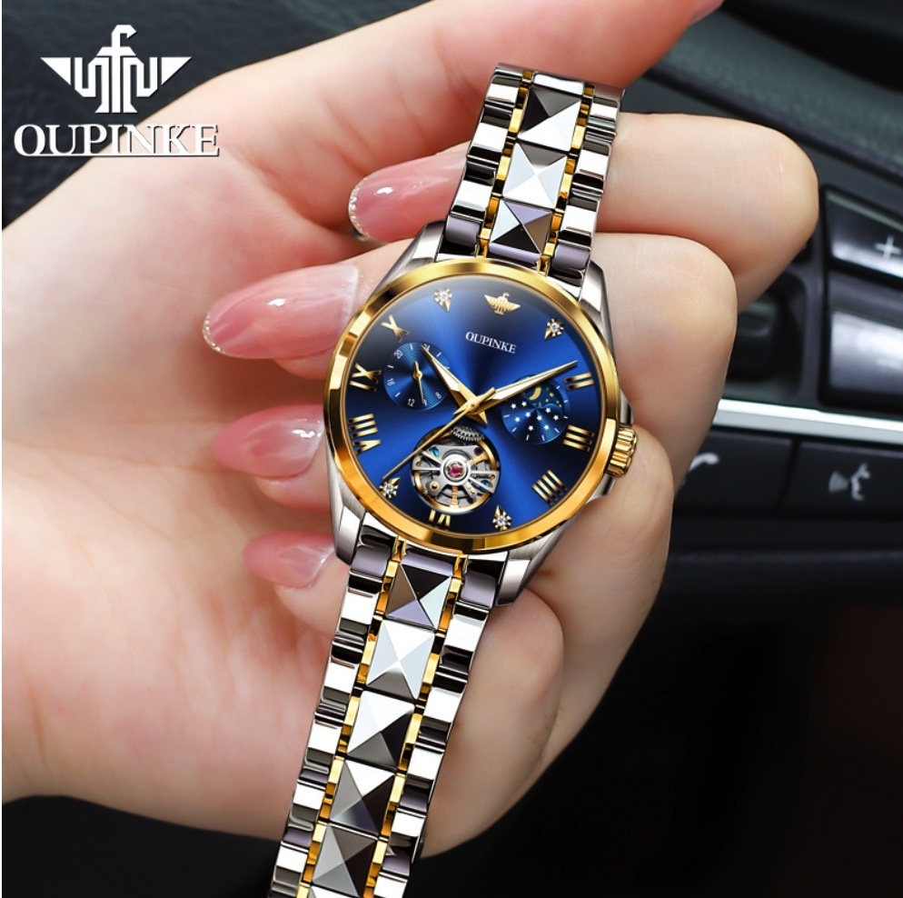 Hot Selling Fully Automatic Mechanical Ladies Watch (Blue Lady Between Steel Bands)