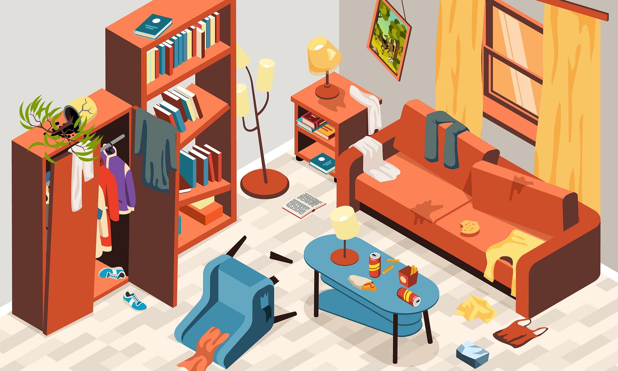 這是一張家具東倒西歪的情境示意圖