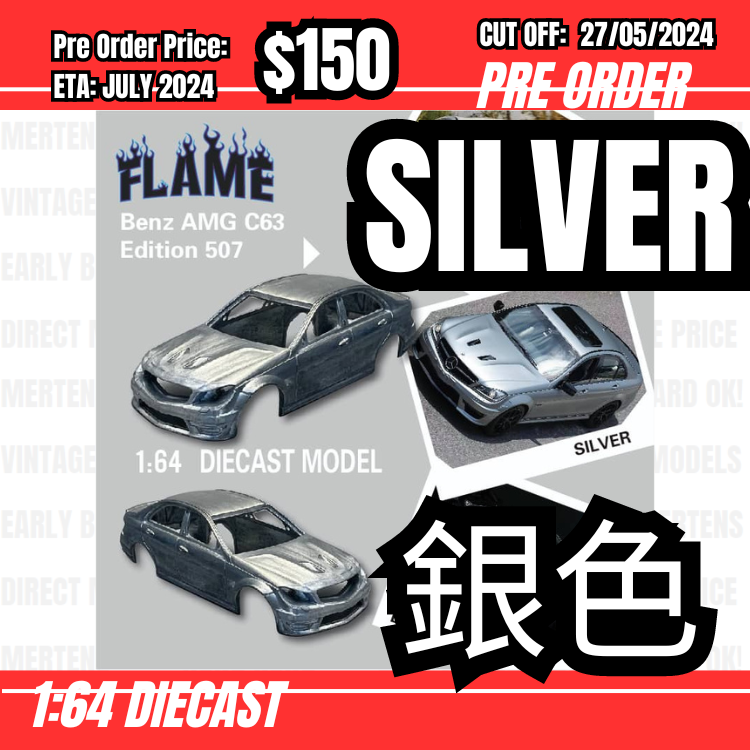 PO-$150 * Flame Model * 1:64 C63 AMG Edition 507 Sedan Silver [OD14/05]