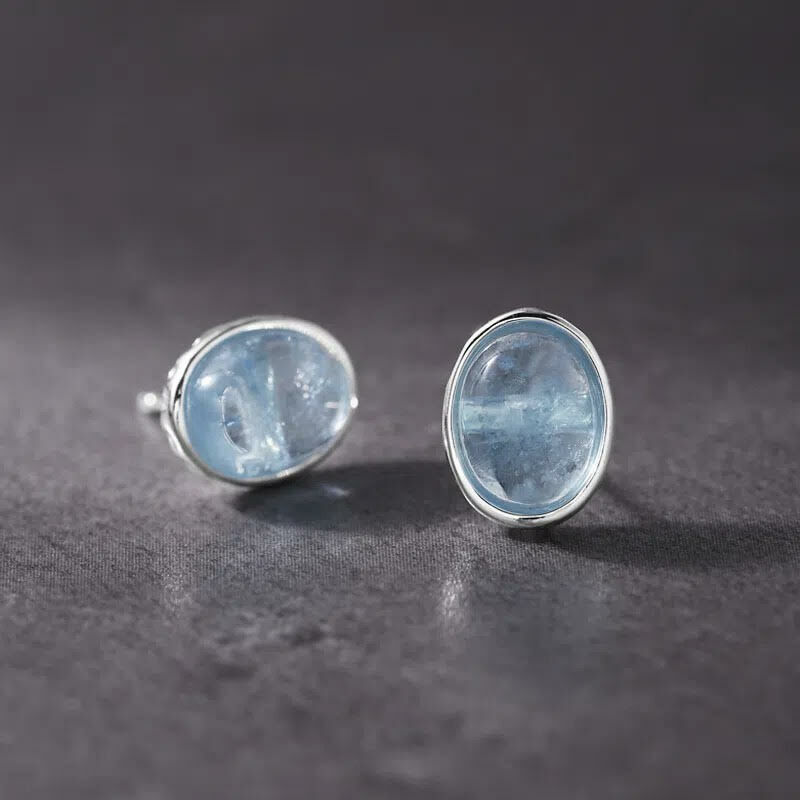 海藍寶天然石 純銀耳釘(針式)