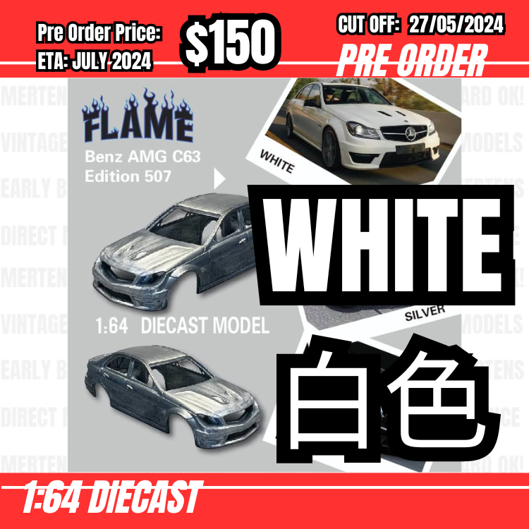 PO-$150 * Flame Model * 1:64 C63 AMG Edition 507 Sedan White [OD14/05]