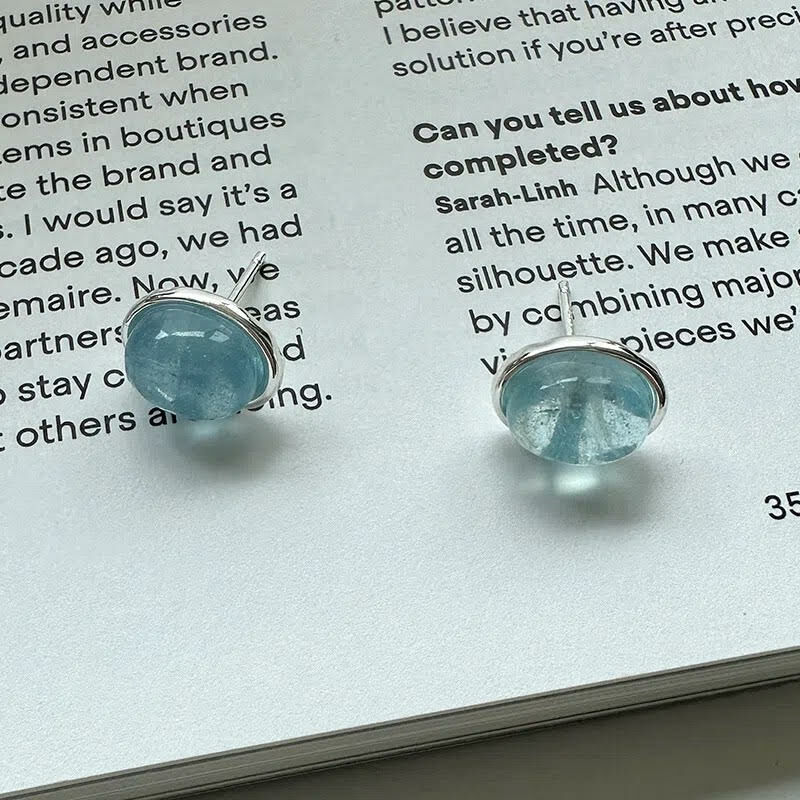 海藍寶天然石 純銀耳釘(針式)