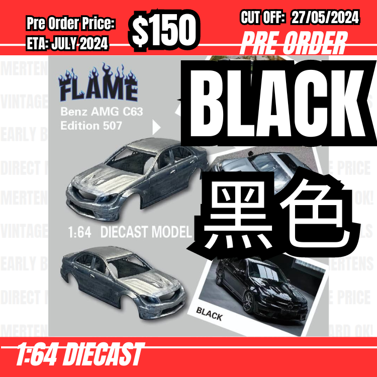 PO-$150 * Flame Model * 1:64 C63 AMG Edition 507 Sedan Black [OD14/05]