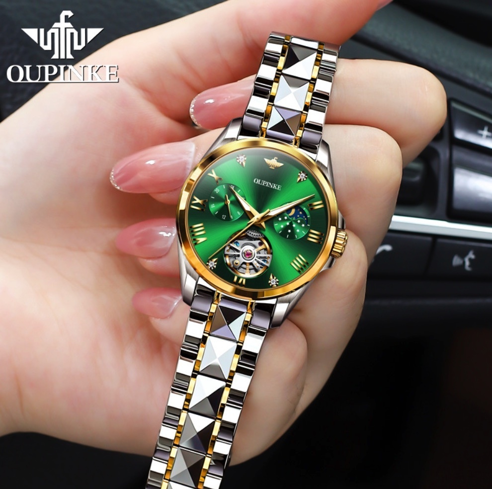 Hot Selling Fully Automatic Mechanical Women's Watch (Green Woman Between Steel Bands)