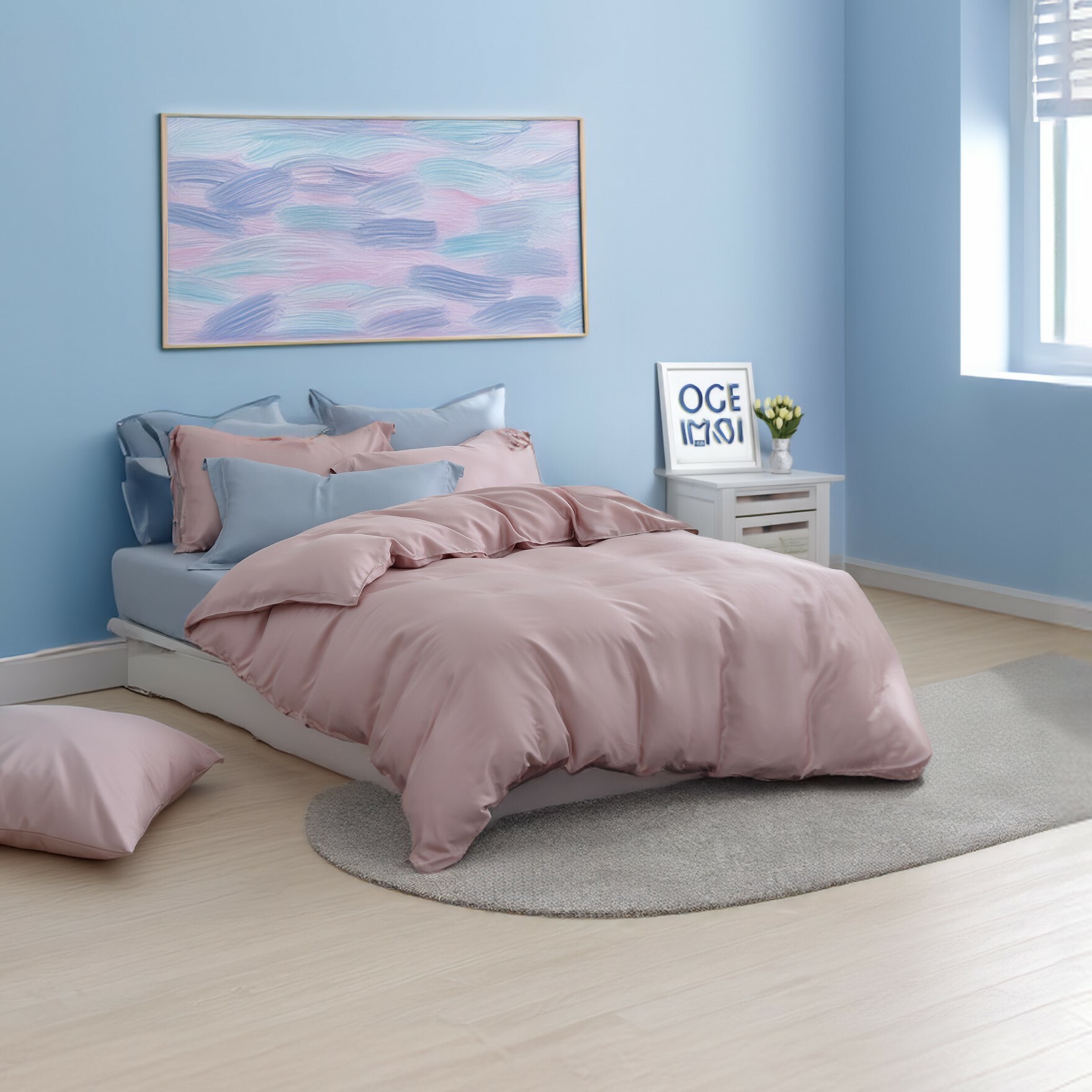 60支天絲｜100%萊賽爾｜雙色配｜玫瑰金ｘ運河藍 天使心