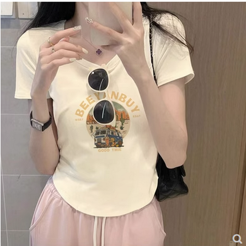 Hot selling right shoulder short-sleeved T-shirt [Apricot] [S-XL size] (please contact customer service to confirm the delivery size after placing the order)