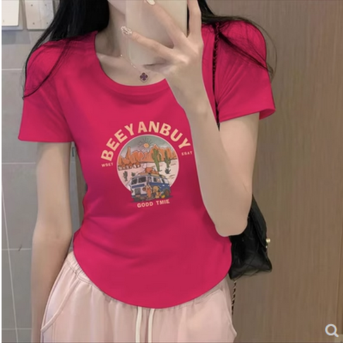 Hot selling right shoulder short-sleeved T-shirt [Dragon Fruit Color] [S-XL] (please contact customer service to confirm the delivery size after placing the order)