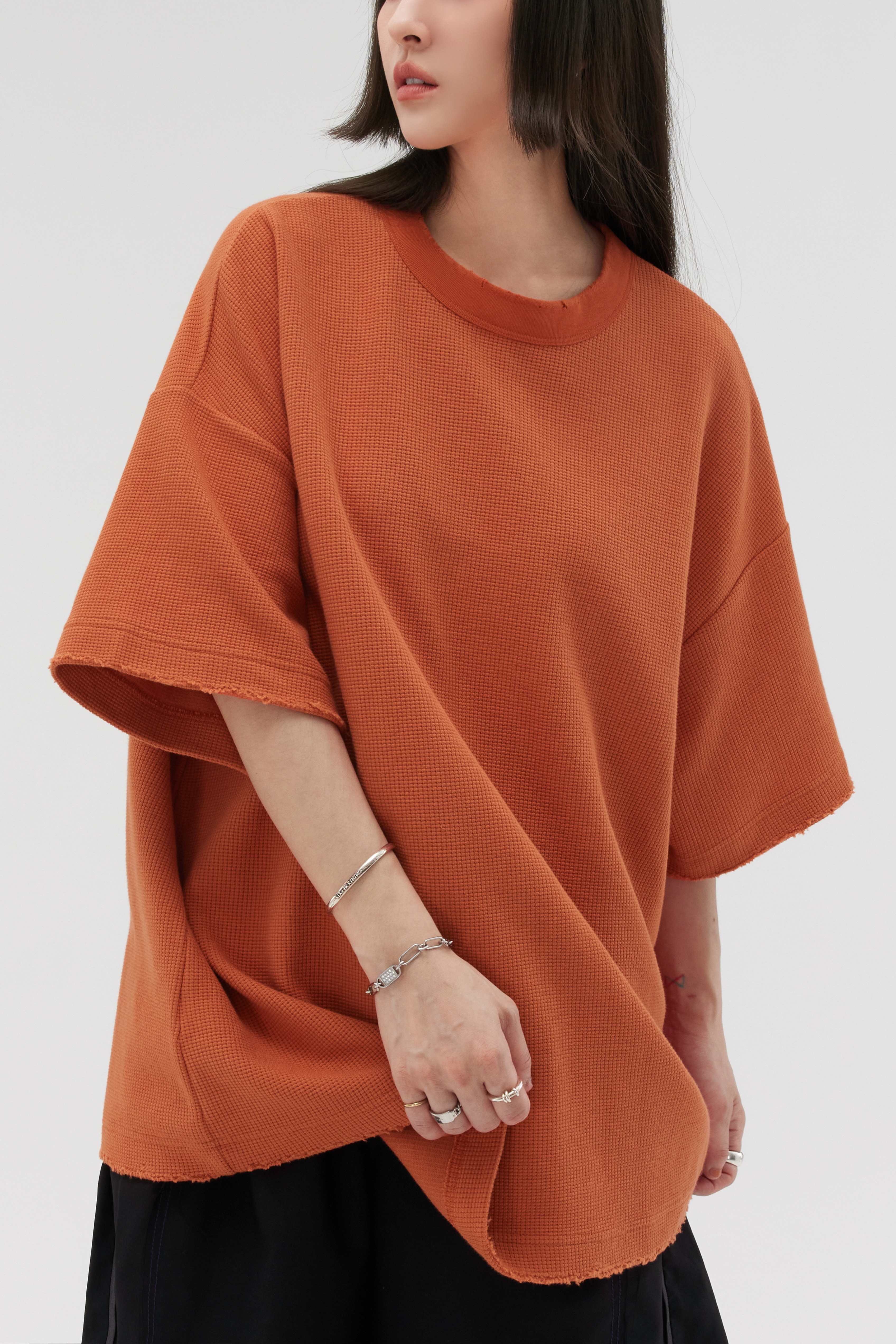 Ripped-edge Waffle Tee | Orange