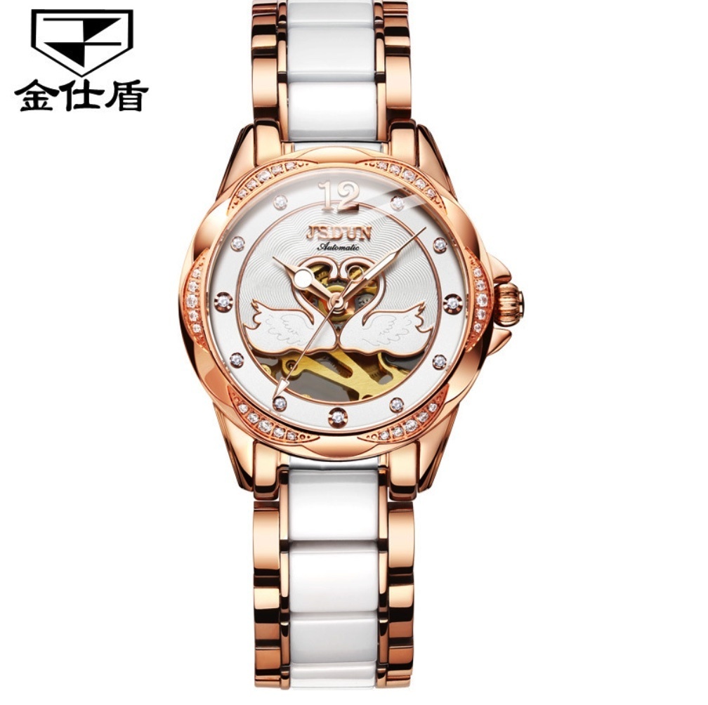 Hot selling gold shield fully automatic mechanical watch ladies watch (steel band rose shell white face)