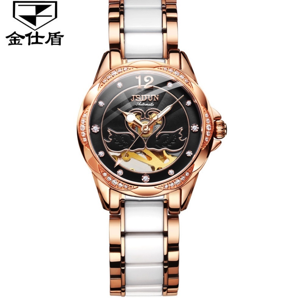 Hot Selling Gold Shield Fully Automatic Mechanical Watch Women's Watch (Steel Belt Rose Case Dark Side)