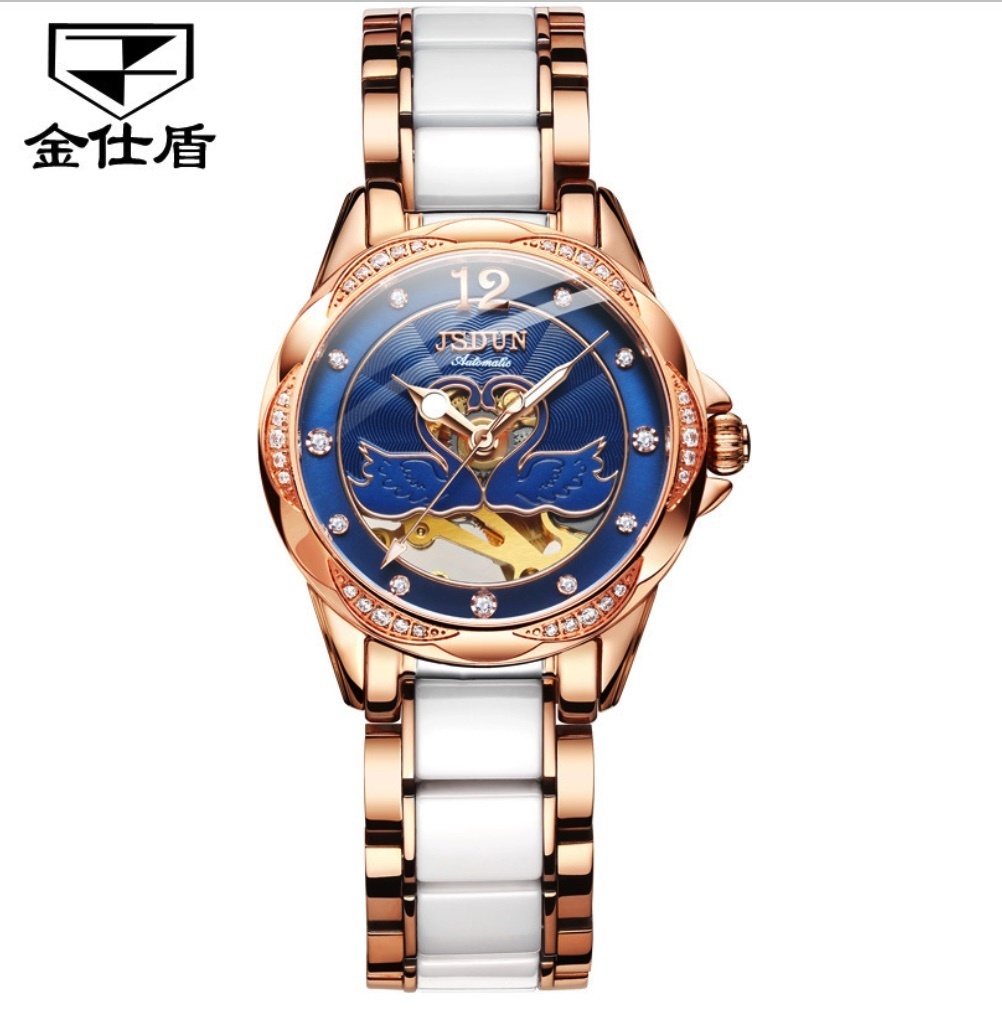 Hot selling gold shield fully automatic mechanical watch ladies watch (steel band rose shell blue face)