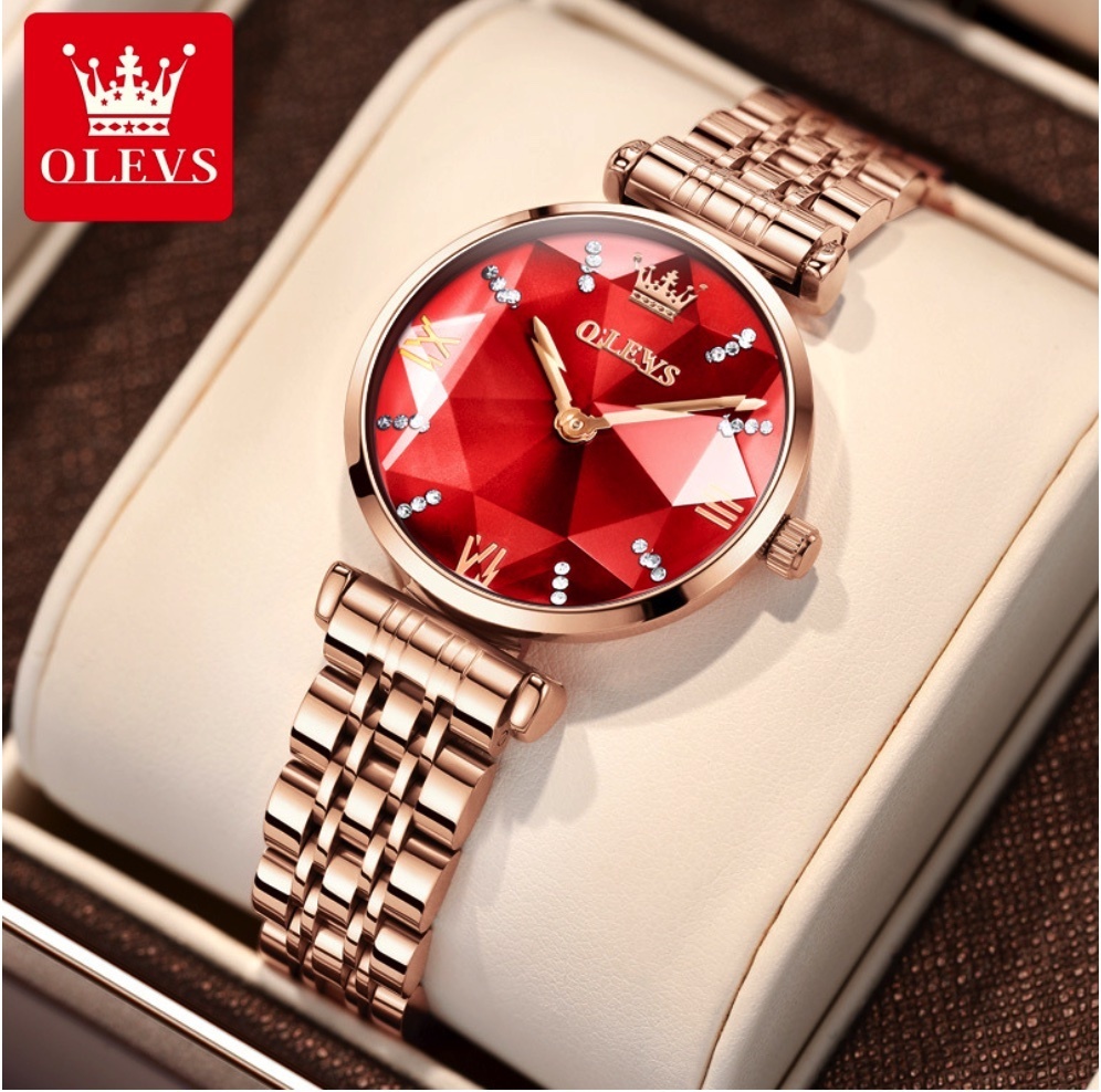 Hot selling Oris waterproof quartz watch for women (steel band rose gold red face for women)