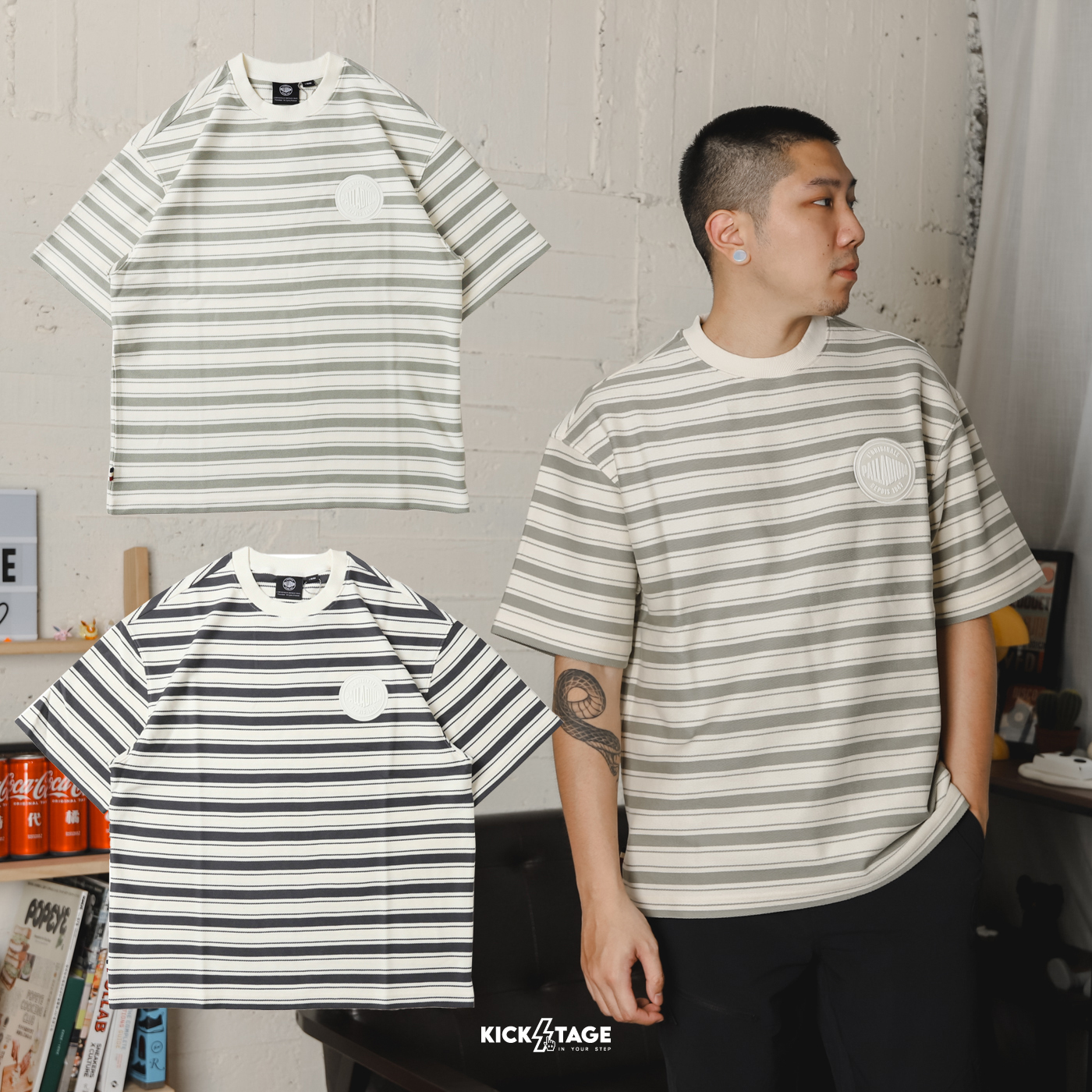 **特價商品售出無退換**男女款 PALLADIUM STRIPE SHIRT 綠白 棕白 條紋 寬鬆 短袖 短T【109652】